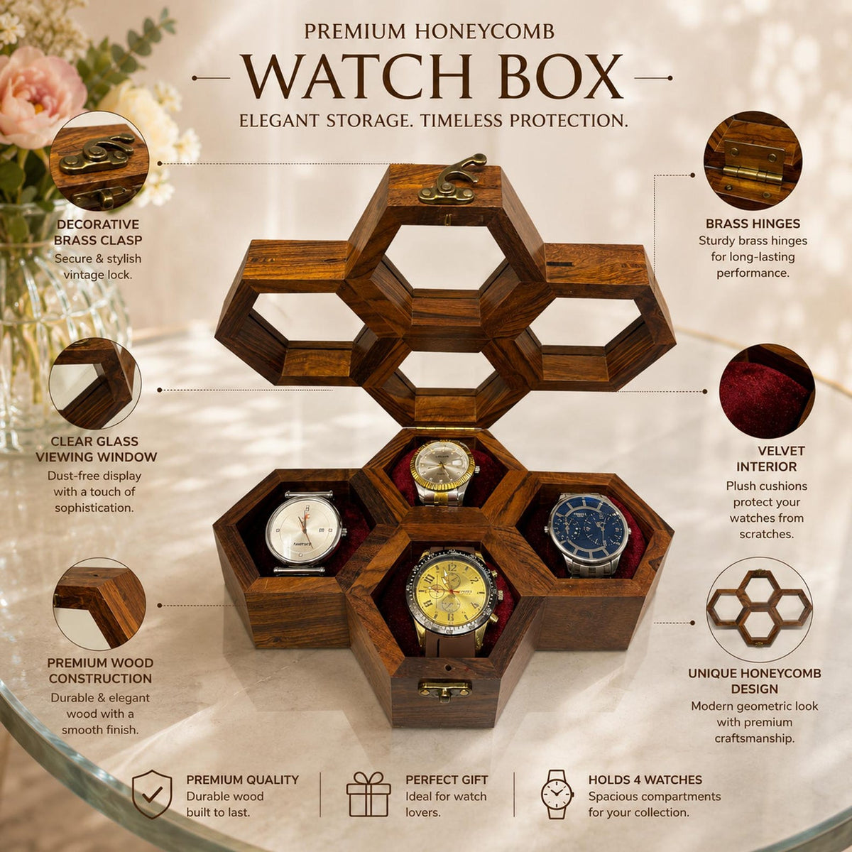 Handcrafted Wooden Watch Box, Vintage Gift, 1-5 Slot Organizer