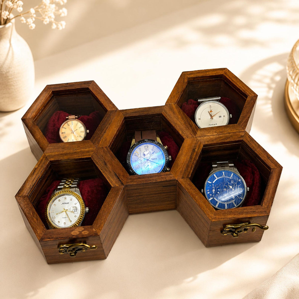Handcrafted Wooden Watch Box, Vintage Gift, 1-5 Slot Organizer