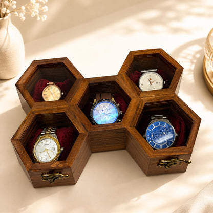 Handcrafted Wooden Watch Box, Vintage Gift, 1-5 Slot Organizer