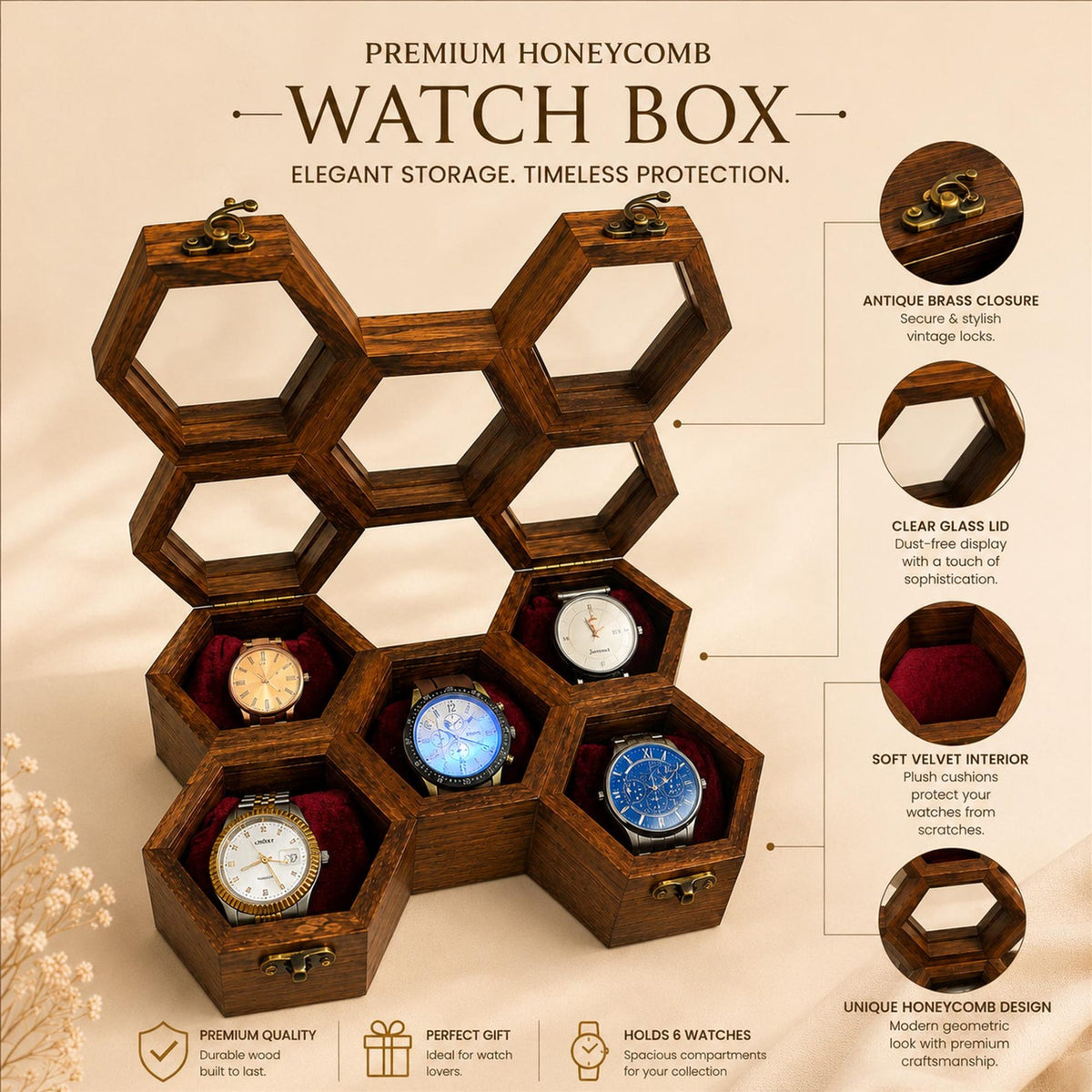 Handcrafted Wooden Watch Box, Vintage Gift, 1-5 Slot Organizer
