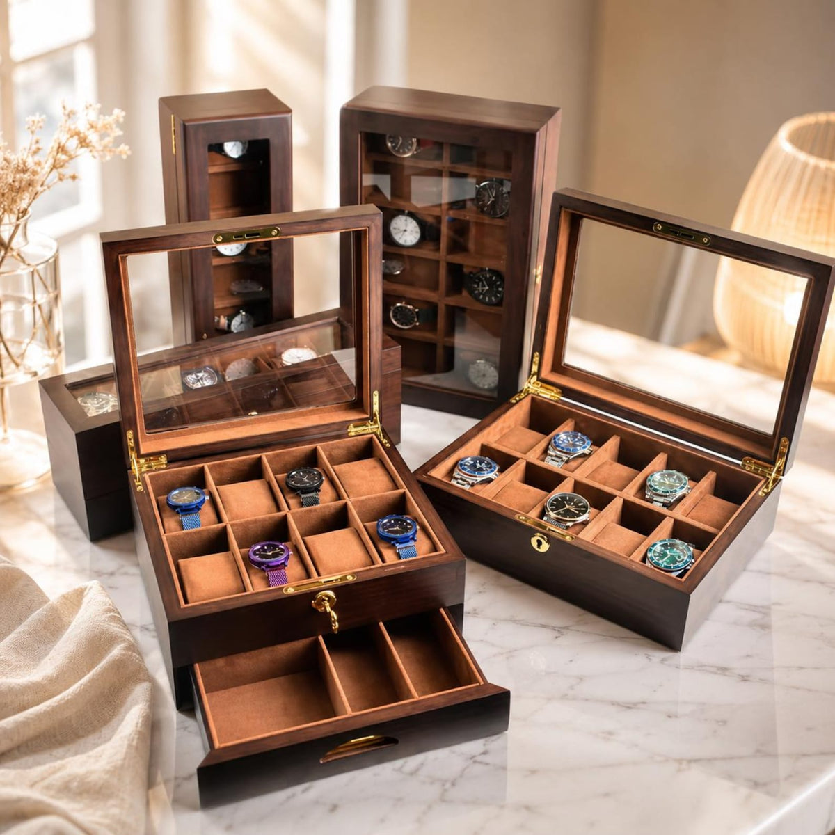 Vintage Wood Watch Box with Glass Lid, Watch Organizer Display Case, Jewelry Storage Box, Watch Collector Gift for Men