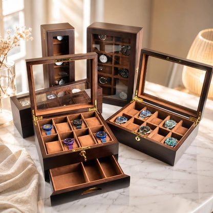 Vintage Wood Watch Box with Glass Lid, Watch Organizer Display Case, Jewelry Storage Box, Watch Collector Gift for Men