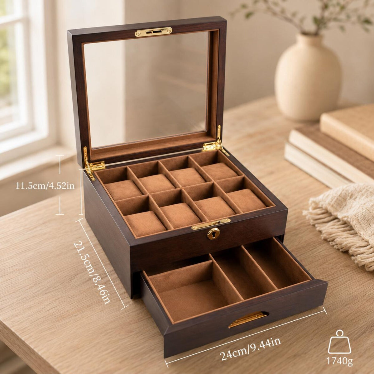Vintage Wood Watch Box with Glass Lid, Watch Organizer Display Case, Jewelry Storage Box, Watch Collector Gift for Men
