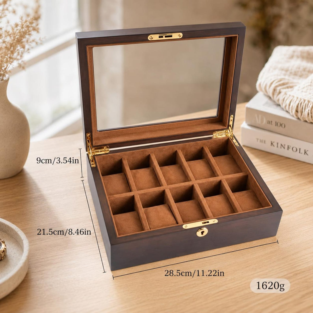 Vintage Wood Watch Box with Glass Lid, Watch Organizer Display Case, Jewelry Storage Box, Watch Collector Gift for Men
