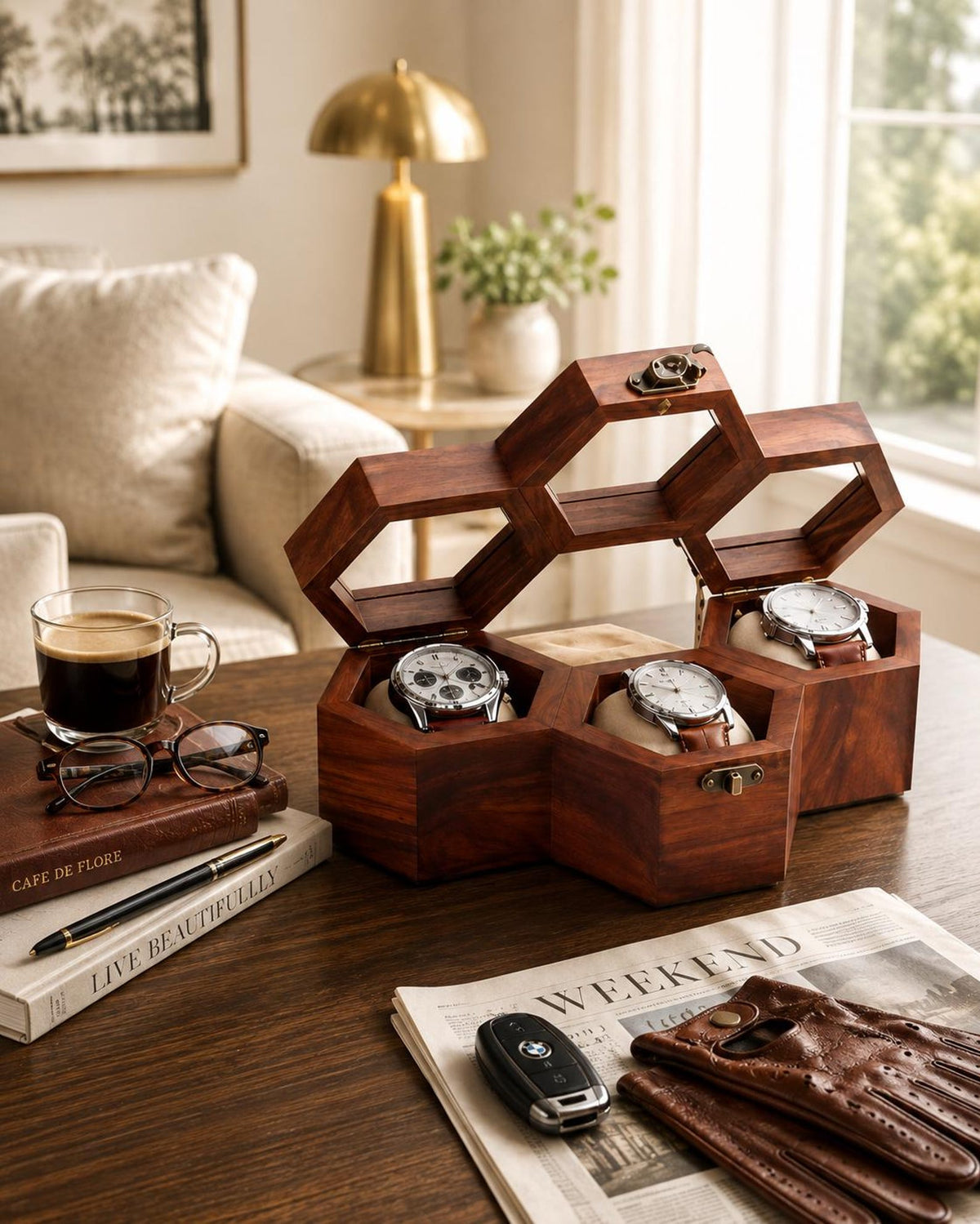 Personalized Hexagon Wooden Watch Box, 3-Slot Organizer, Anniversary Gift for Him