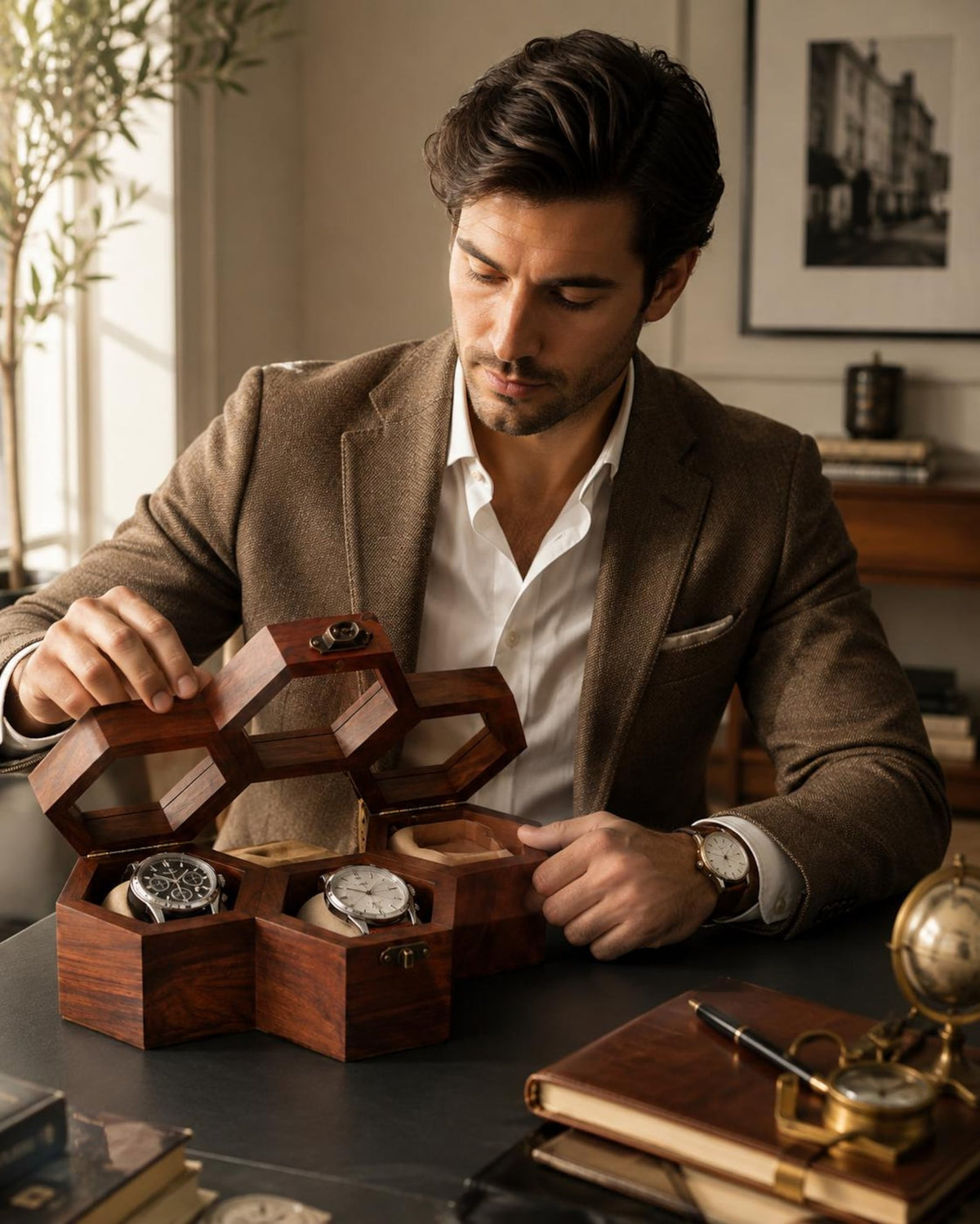 Personalized Hexagon Wooden Watch Box, 3-Slot Organizer, Anniversary Gift for Him