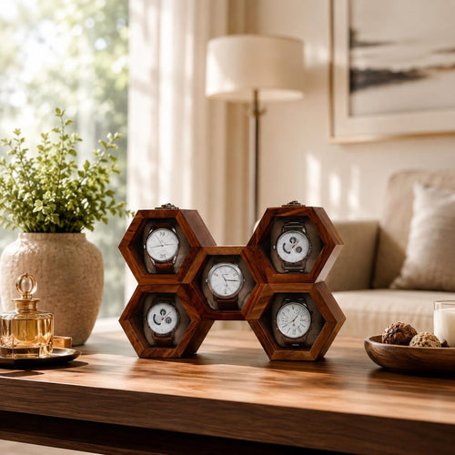 Personalized Hexagon Wooden Watch Box, 5-Slot Organizer, Velvet Cushions (Gift for Him)