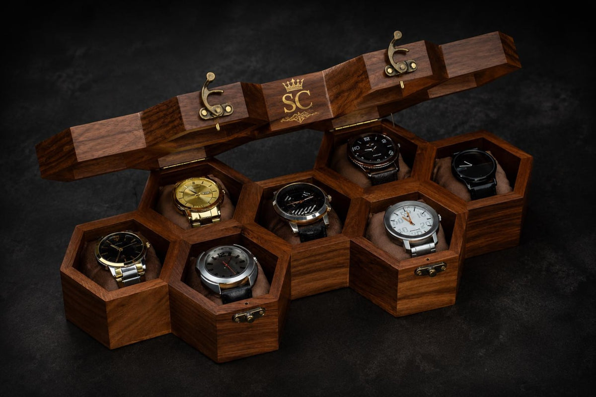Handmade Rosewood Hexagon Watch Box DIsplay - | Anniversary Gift for Husband