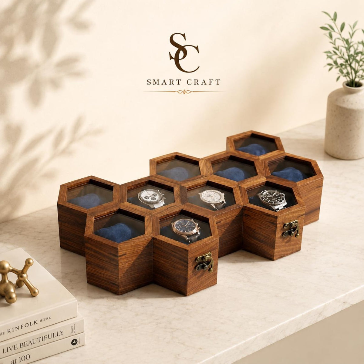 Handmade Rosewood Hexagon Watch Box DIsplay - | Anniversary Gift for Husband