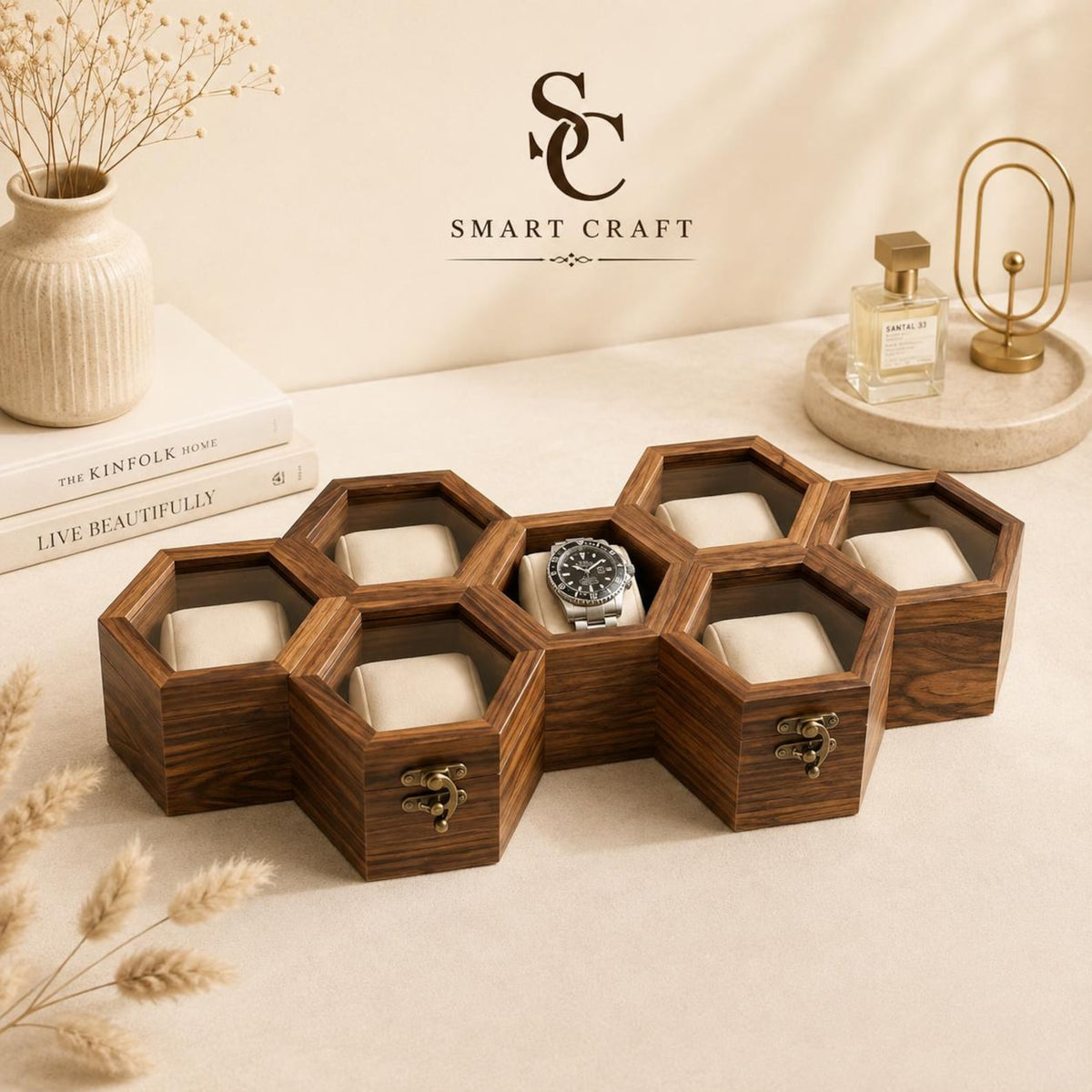 Handmade Rosewood Hexagon Watch Box DIsplay - | Anniversary Gift for Husband