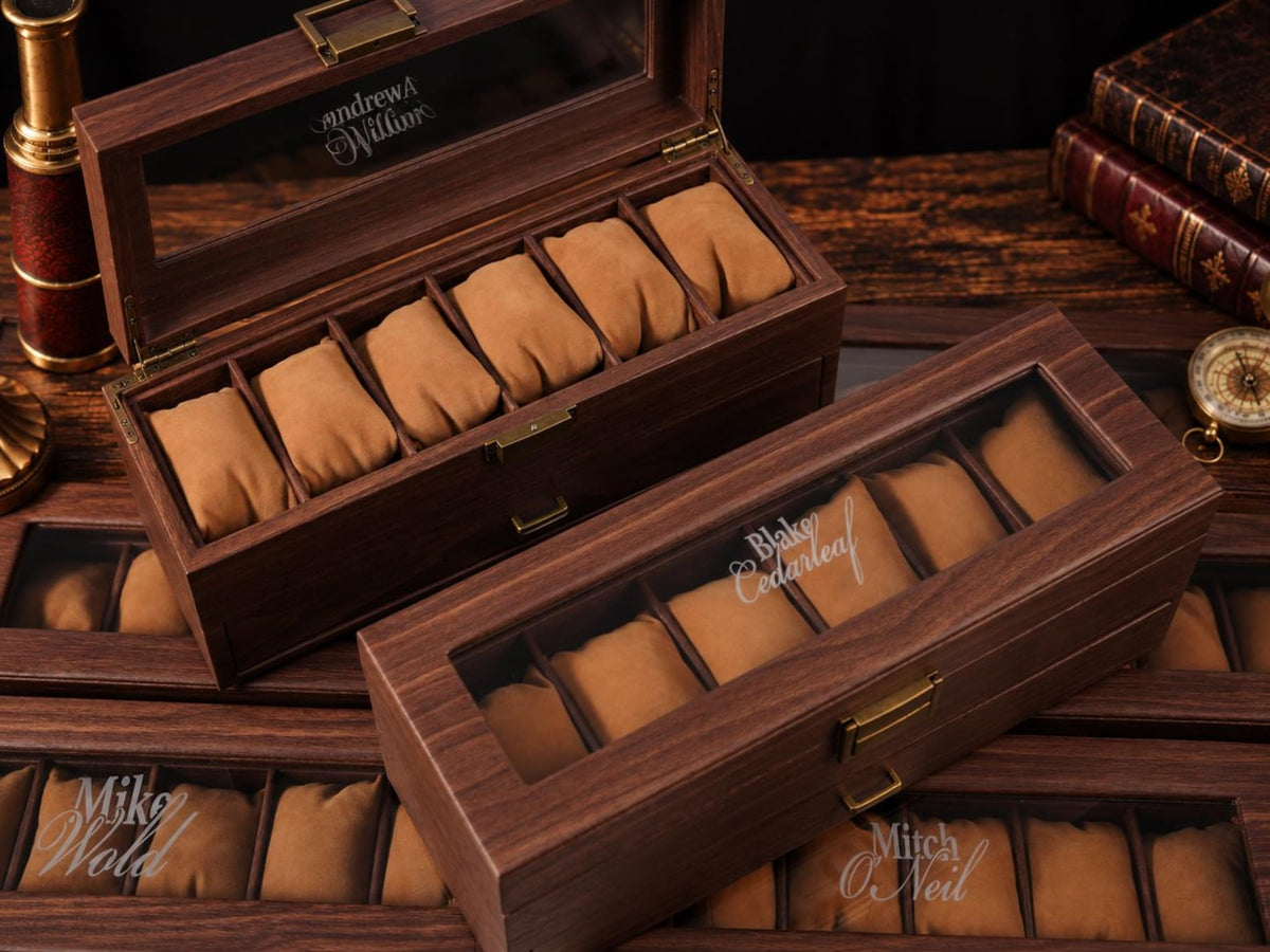 Personalized Watch Box for Men, Custom Engraved 6 Watch Organizer with Glass Lid, Wooden Display Case, Bulk Groomsmen Wedding Gift