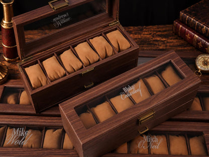 Personalized Watch Box for Men, Custom Engraved 6 Watch Organizer with Glass Lid, Wooden Display Case, Bulk Groomsmen Wedding Gift