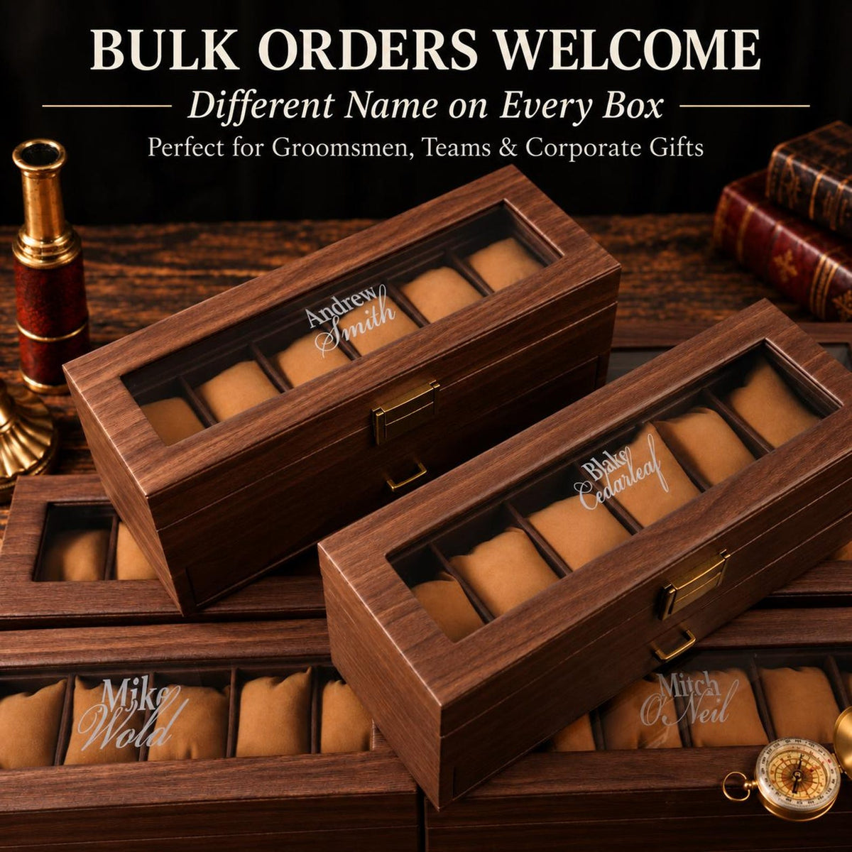 Personalized Watch Box for Men, Custom Engraved 6 Watch Organizer with Glass Lid, Wooden Display Case, Bulk Groomsmen Wedding Gift
