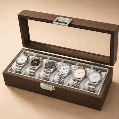 6 Slot Wooden Watch Box, Walnut Watch Display Case