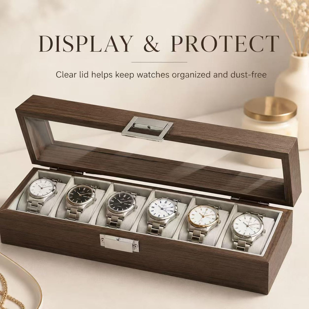 6 Slot Wooden Watch Box, Walnut Watch Display Case