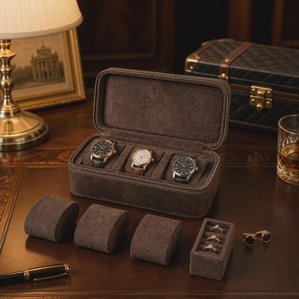 Coffee Genuine Leather 3 Slot Watch Box Jewelry Travel Storage Case