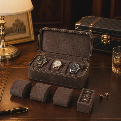 Coffee Genuine Leather 3 Slot Watch Box Jewelry Travel Storage Case