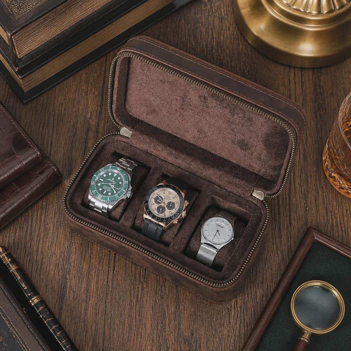 Coffee Genuine Leather 3 Slot Watch Box Jewelry Travel Storage Case