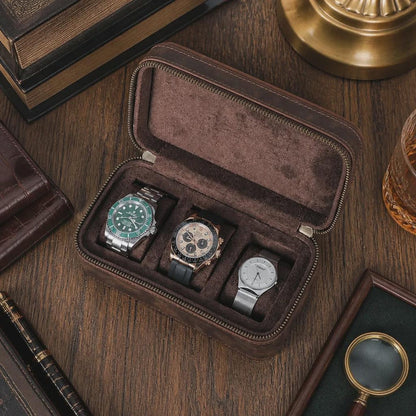 Coffee Genuine Leather 3 Slot Watch Box Jewelry Travel Storage Case