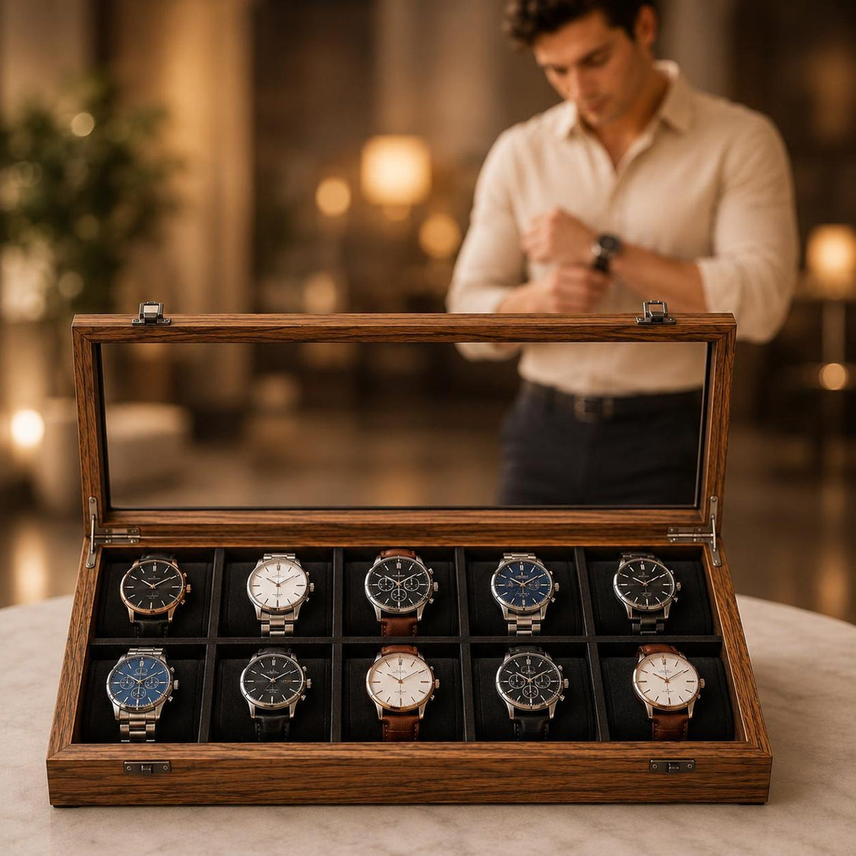 Handmade 10-Slot Wooden Watch Box for Men | Glass Top Watch Organizer (Custom Engraving) | Mens Watch Display Case | Christmas Gift for Him