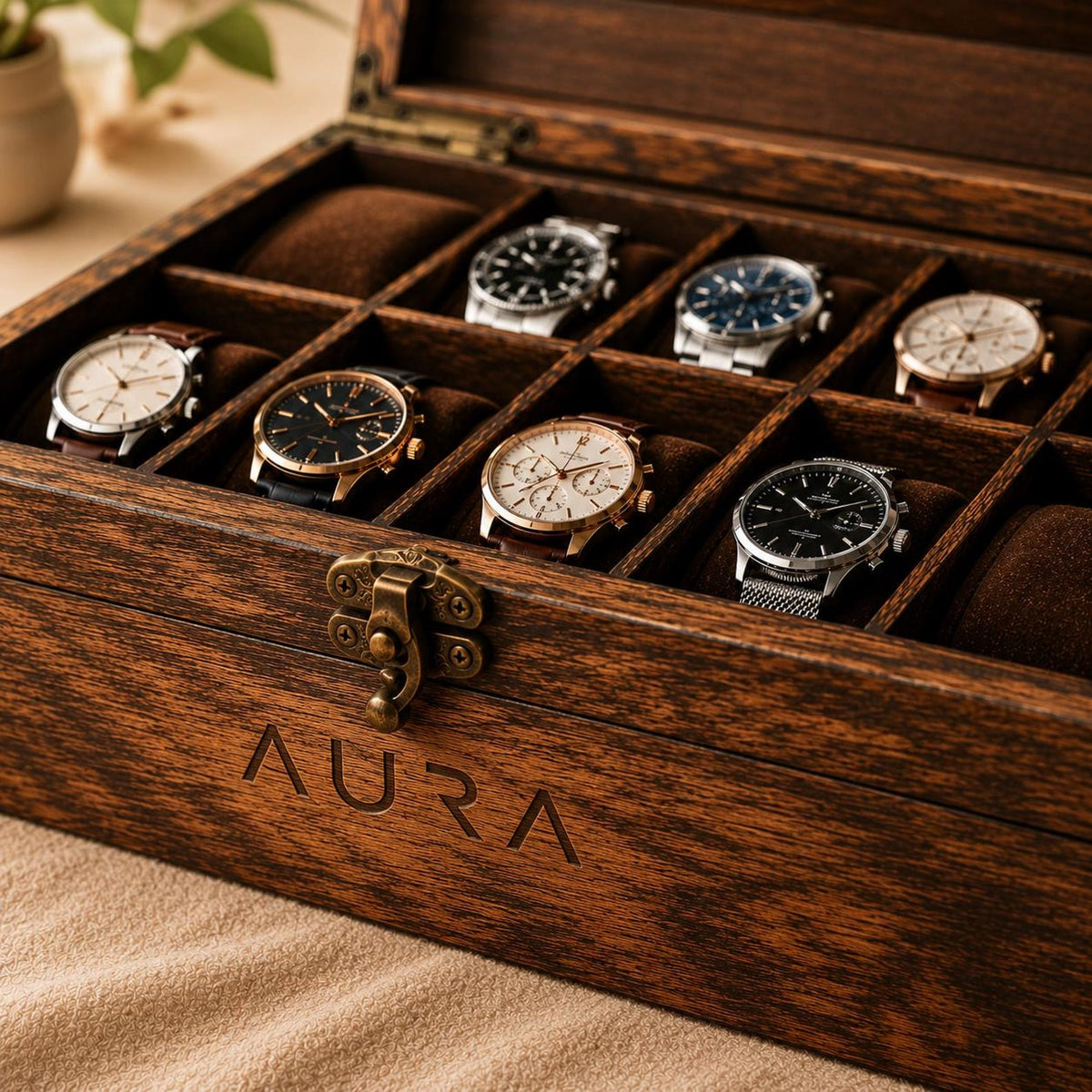 Handmade 10-Slot Wooden Watch Box for Men | Glass Top Watch Organizer (Custom Engraving) | Mens Watch Display Case | Christmas Gift for Him
