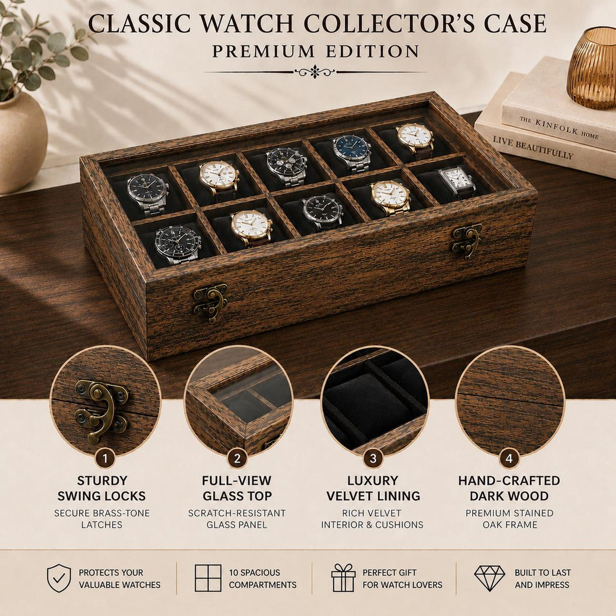 Handmade 10-Slot Wooden Watch Box for Men | Glass Top Watch Organizer (Custom Engraving) | Mens Watch Display Case | Christmas Gift for Him