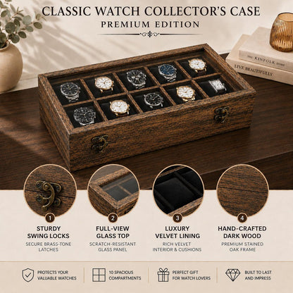 Handmade 10-Slot Wooden Watch Box for Men | Glass Top Watch Organizer (Custom Engraving) | Mens Watch Display Case | Christmas Gift for Him