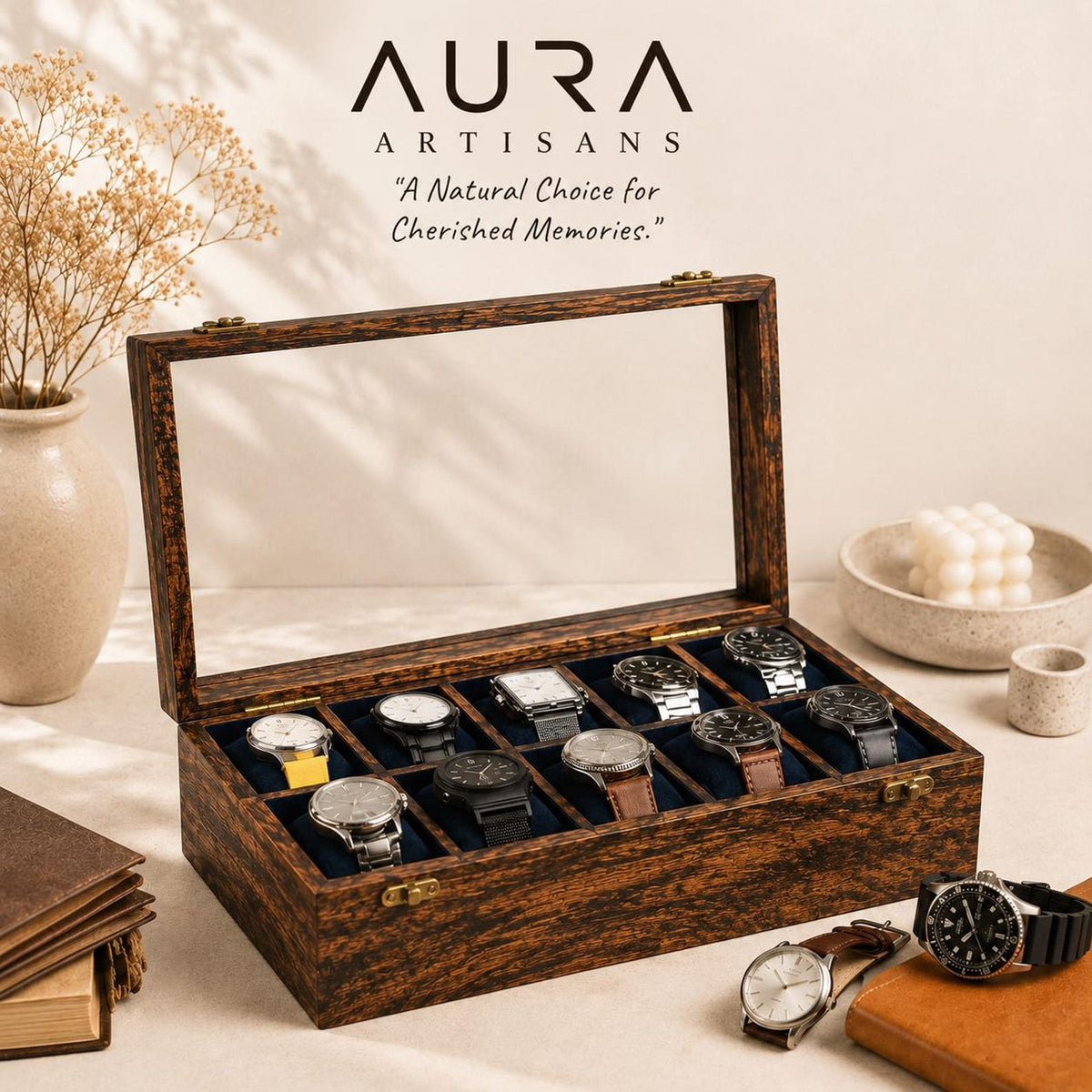 Handmade 10-Slot Wooden Watch Box for Men | Glass Top Watch Organizer (Custom Engraving) | Mens Watch Display Case | Christmas Gift for Him