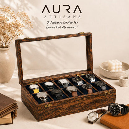 Handmade 10-Slot Wooden Watch Box for Men | Glass Top Watch Organizer (Custom Engraving) | Mens Watch Display Case | Christmas Gift for Him