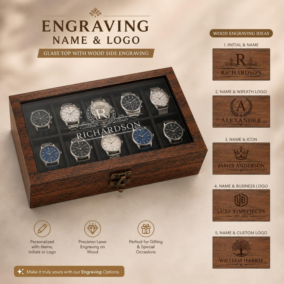 Handmade 10-Slot Wooden Watch Box for Men | Glass Top Watch Organizer (Custom Engraving) | Mens Watch Display Case | Christmas Gift for Him