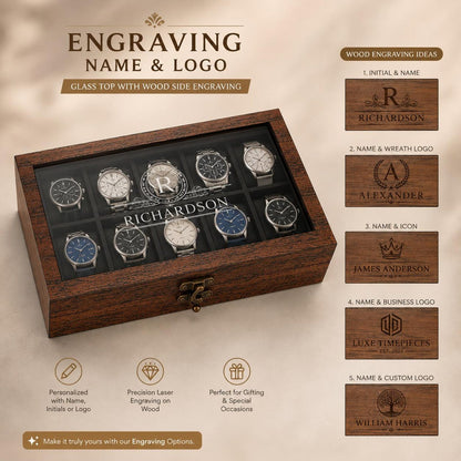 Handmade 10-Slot Wooden Watch Box for Men | Glass Top Watch Organizer (Custom Engraving) | Mens Watch Display Case | Christmas Gift for Him