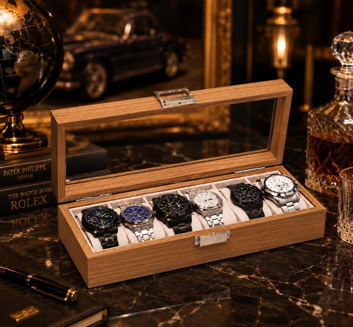 Wooden Watch Box with Glass Lid, 2 6 10 or 12 Slot Watch Organizer Display Case