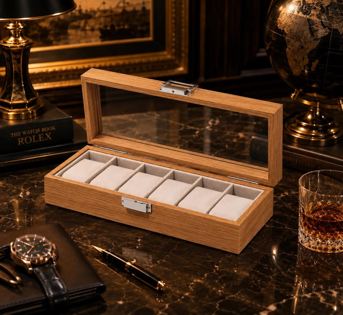 Wooden Watch Box with Glass Lid, 2 6 10 or 12 Slot Watch Organizer Display Case