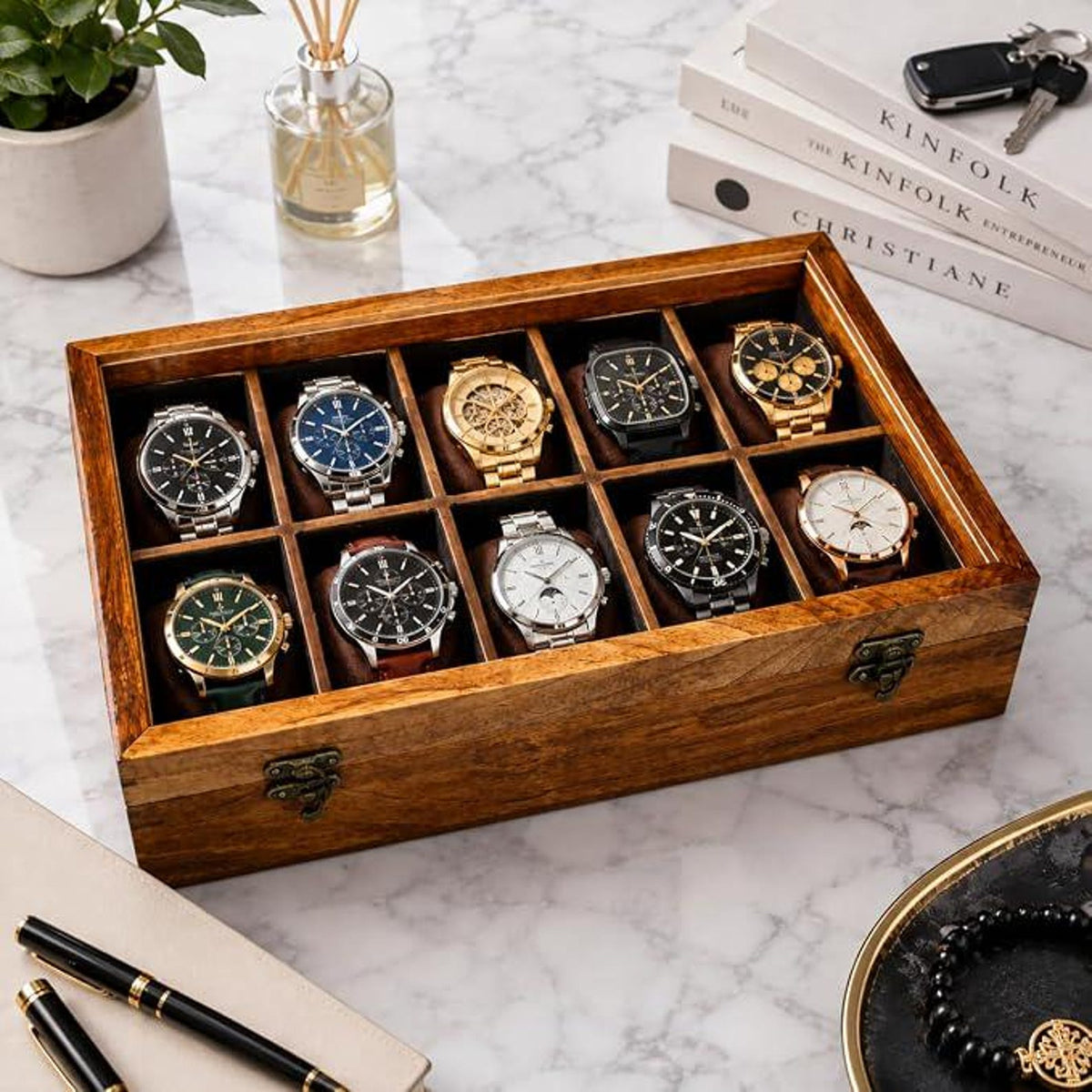 Handmade 10-Slot Wooden Watch Box for Men | Glass Top Watch Organizer (Custom Engraving) | Mens Watch Display Case | Christmas Gift for Him