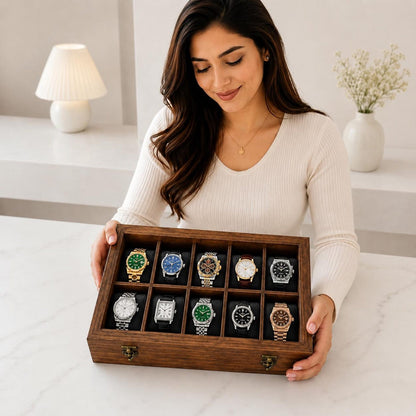 Handmade 10-Slot Wooden Watch Box for Men | Glass Top Watch Organizer (Custom Engraving) | Mens Watch Display Case | Christmas Gift for Him