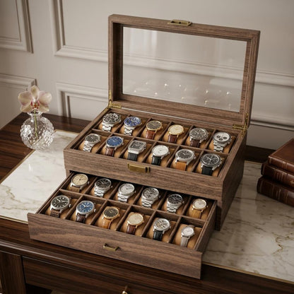 Rustic Wooden Watch Storage Box, 24-Watch Capacity, Glass Window Case, Men's Jewelry Organizer, Dresser Decor, Bedroom Storage, Gift for Him