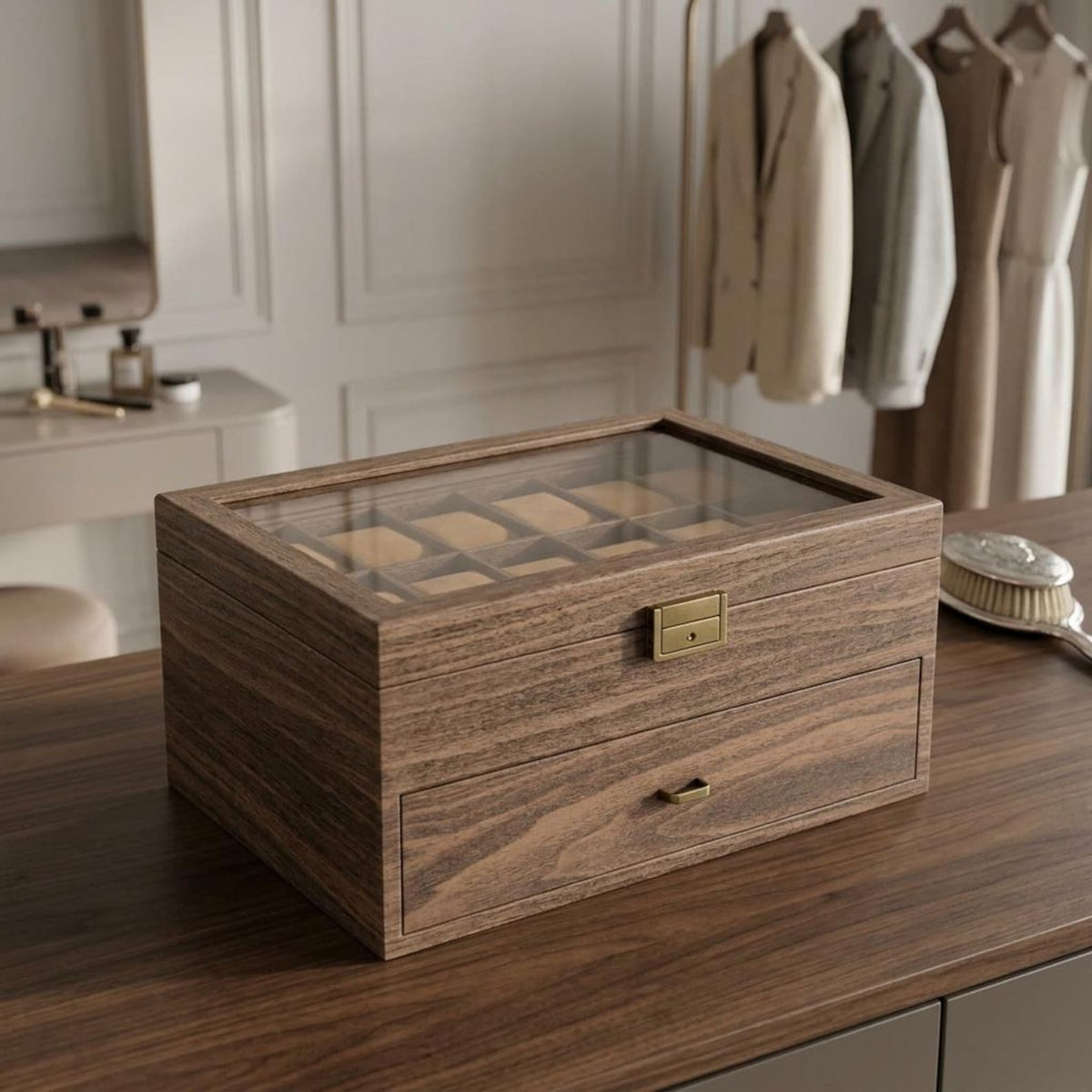 Rustic Wooden Watch Storage Box, 24-Watch Capacity, Glass Window Case, Men's Jewelry Organizer, Dresser Decor, Bedroom Storage, Gift for Him
