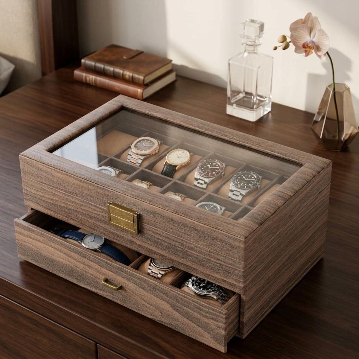 Rustic Wooden Watch Storage Box, 24-Watch Capacity, Glass Window Case, Men's Jewelry Organizer, Dresser Decor, Bedroom Storage, Gift for Him