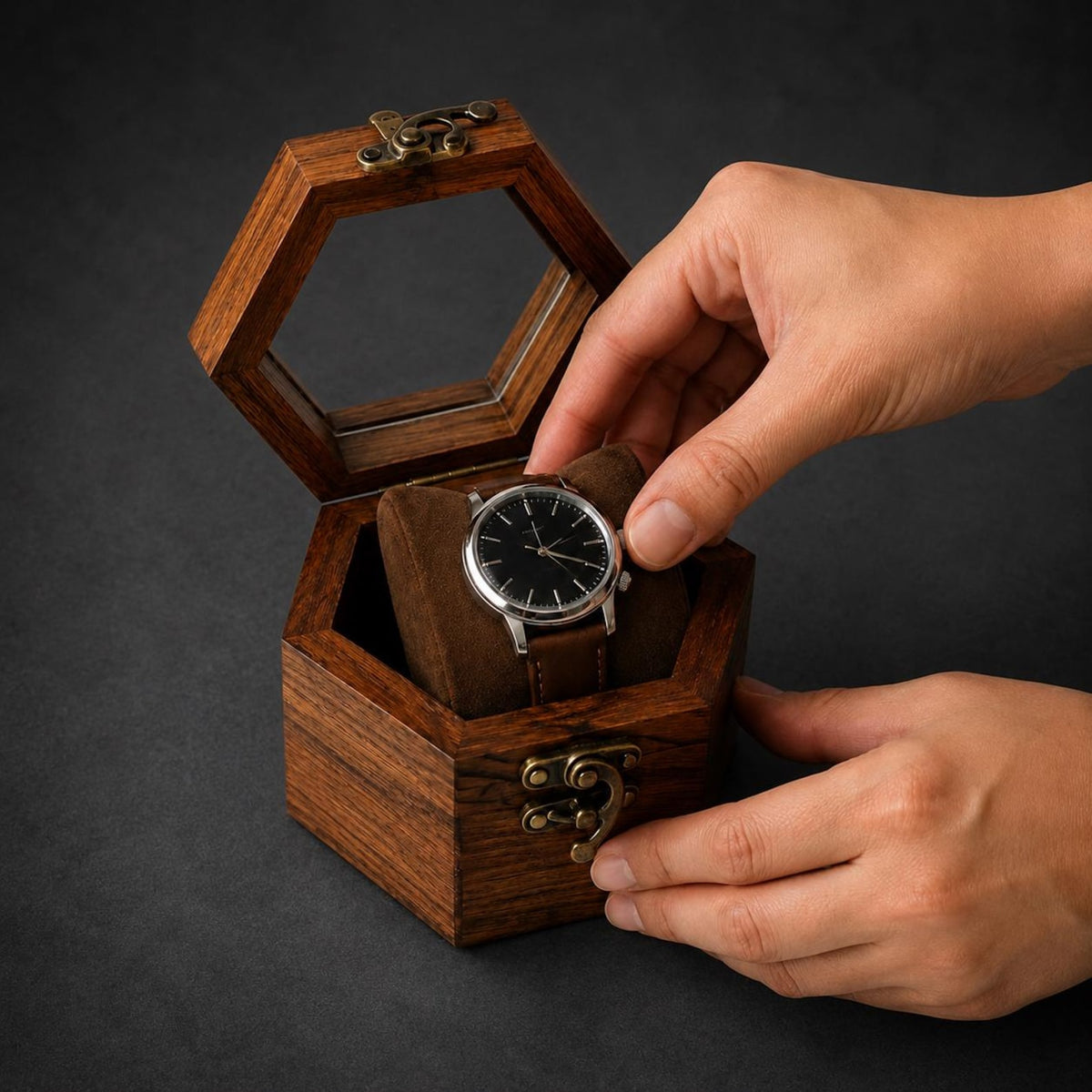 Handmade Rosewood Hexagon Watch Box DIsplay - | Anniversary Gift for Husband