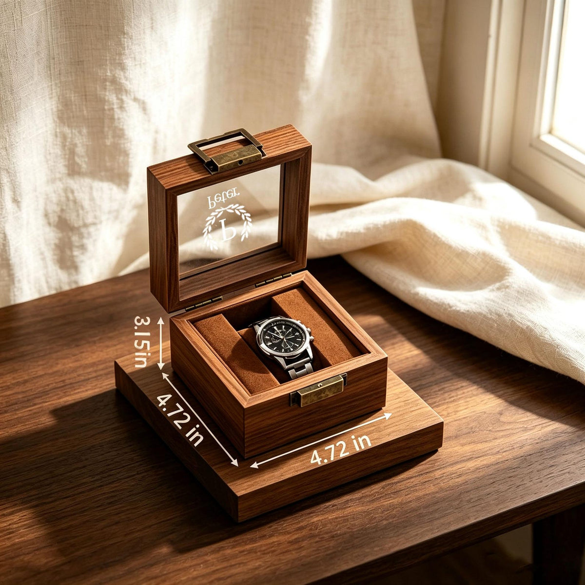 Custom Engraved Wooden Watch Box, Velvet Lined, Glass Top Display Case, Christmas Gift For Dad