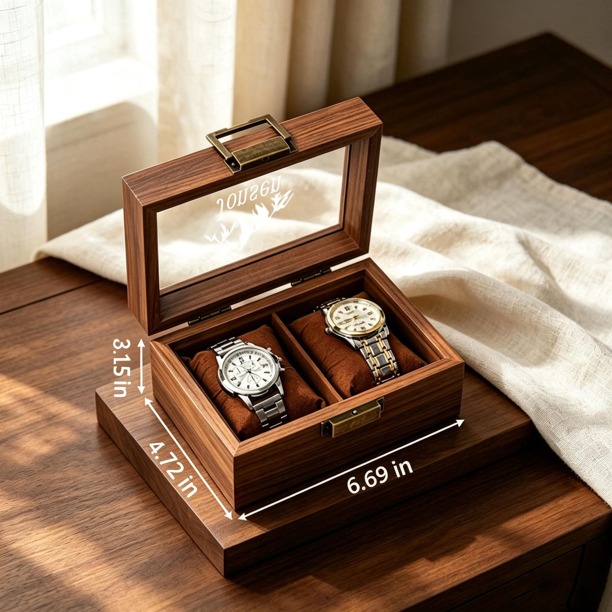 Custom Engraved Wooden Watch Box, Velvet Lined, Glass Top Display Case, Custom Gift For Him