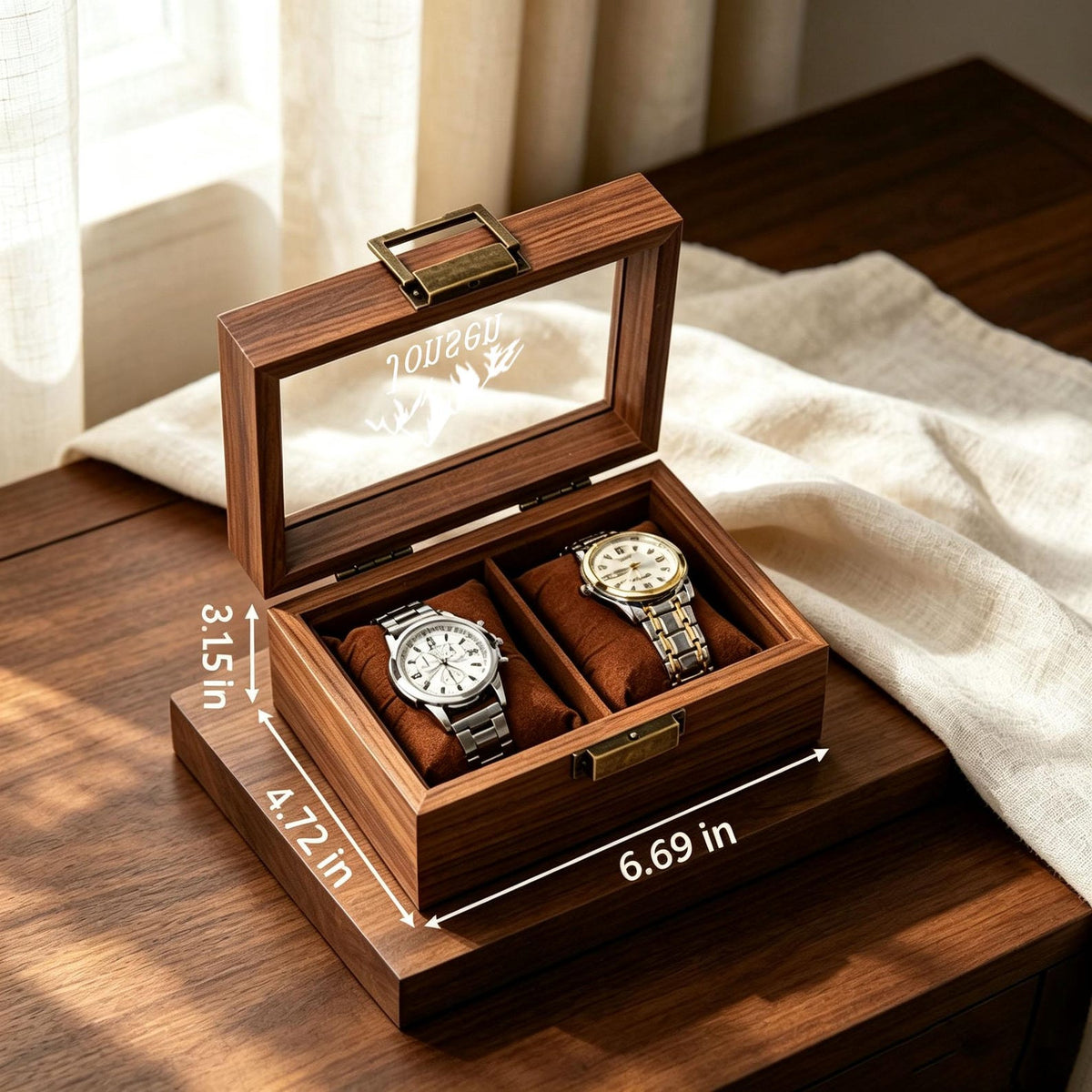 Custom Engraved Wooden Watch Box, Velvet Lined, Glass Top Display Case, Christmas Gift For Dad