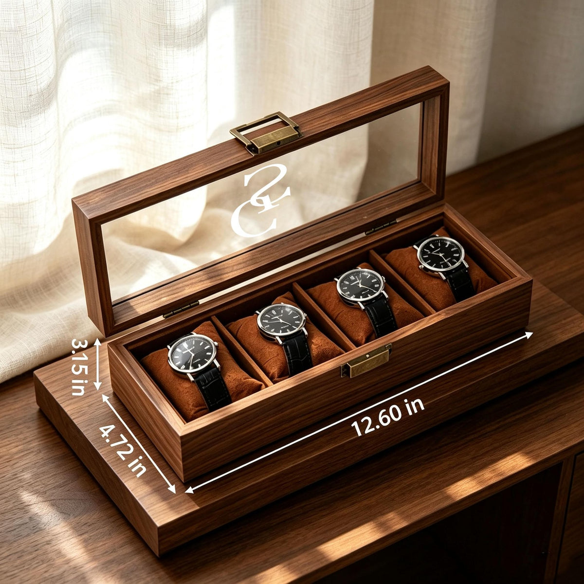 Custom Engraved Wooden Watch Box, Velvet Lined, Glass Top Display Case, Custom Gift For Him