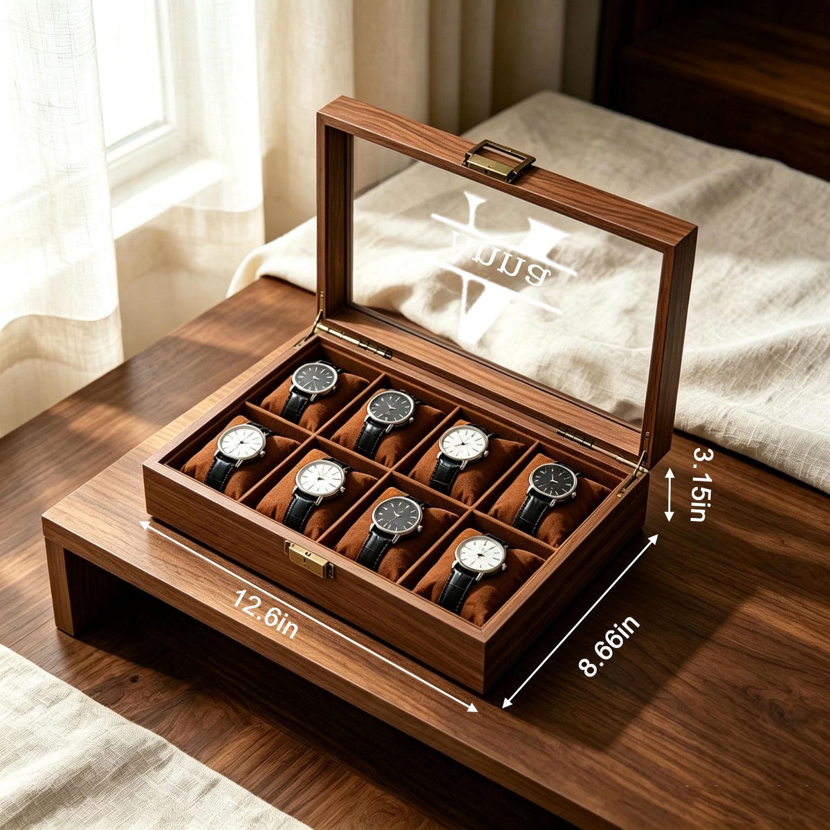 Custom Engraved Wooden Watch Box, Velvet Lined, Glass Top Display Case, Custom Gift For Him
