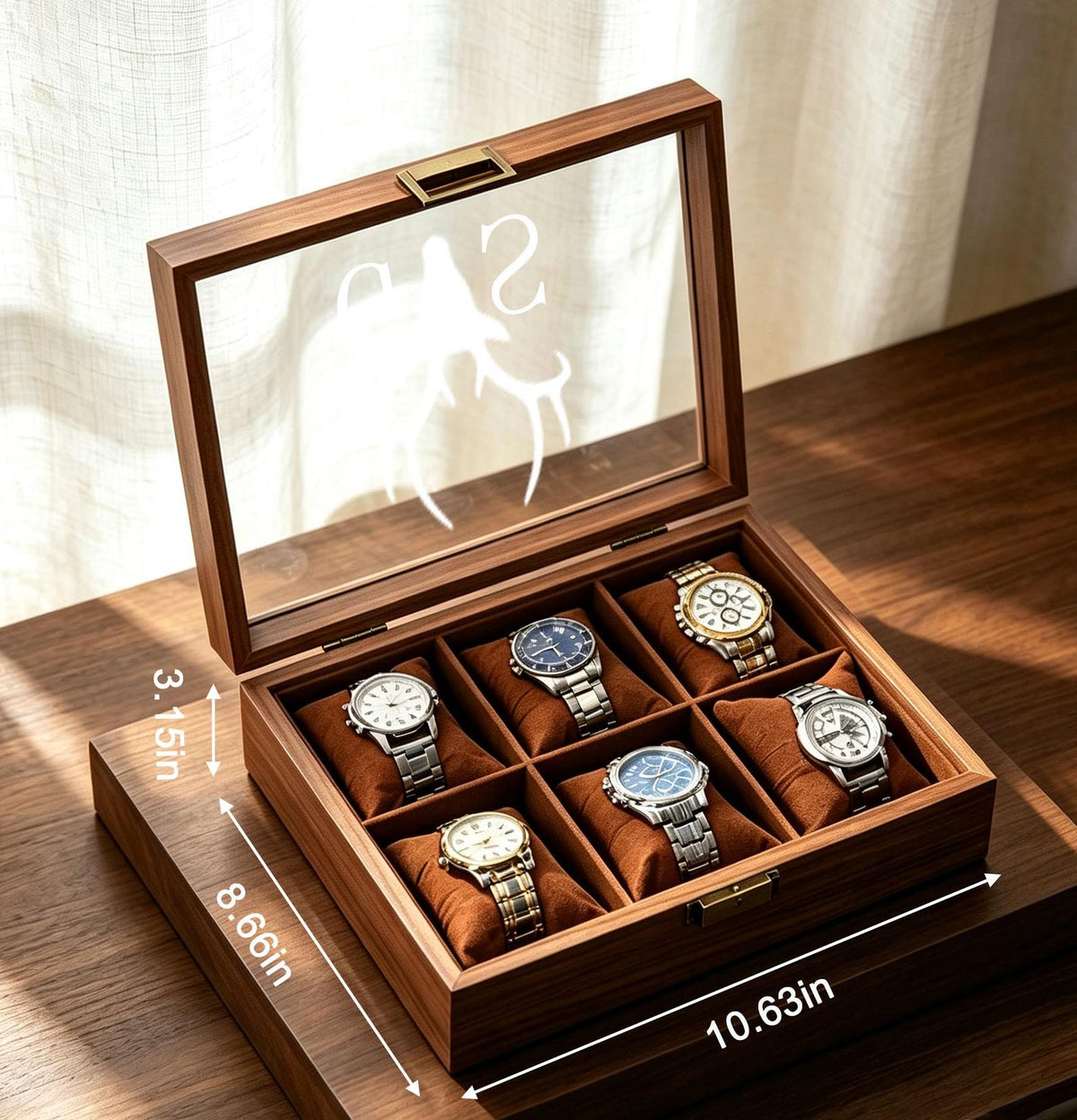 Custom Engraved Wooden Watch Box, Velvet Lined, Glass Top Display Case, Christmas Gift For Dad