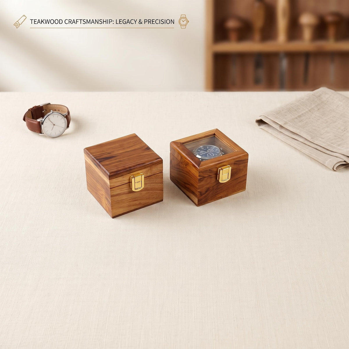 Personalized Handmade Wooden Watch Box with Single-Slot, Watch Display Case, Watch Storage Organizer - Teakwood with Glass Lid & Wood Lid
