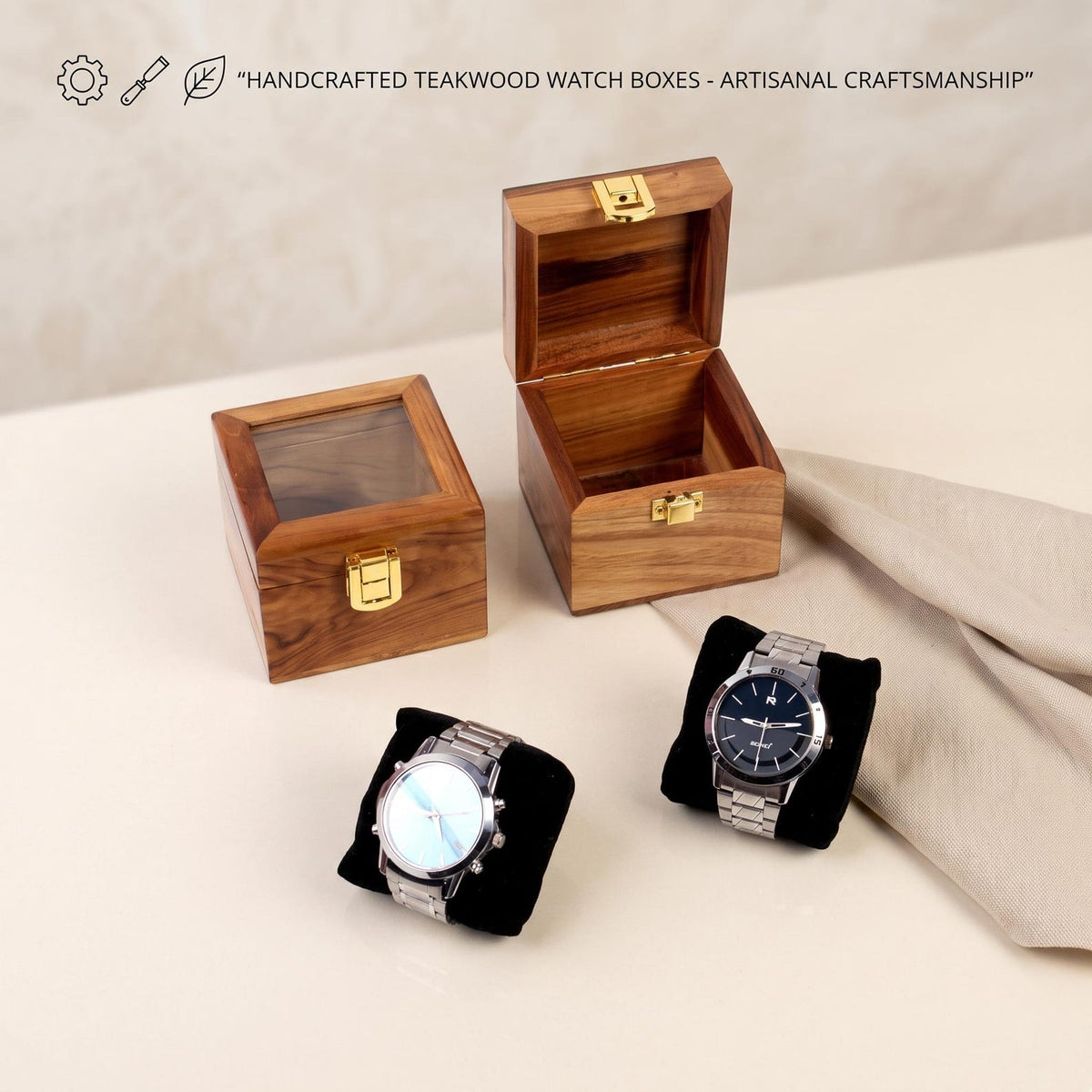 Personalized Handmade Wooden Watch Box with Single-Slot, Watch Display Case, Watch Storage Organizer - Teakwood with Glass Lid & Wood Lid