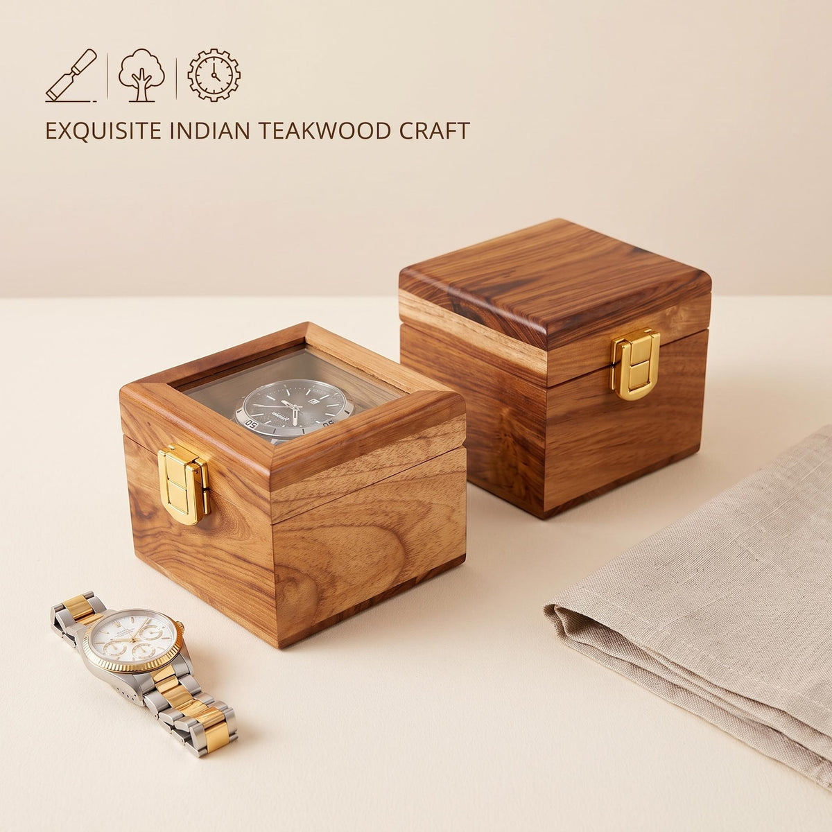 Personalized Handmade Wooden Watch Box with Single-Slot, Watch Display Case, Watch Storage Organizer - Teakwood with Glass Lid & Wood Lid