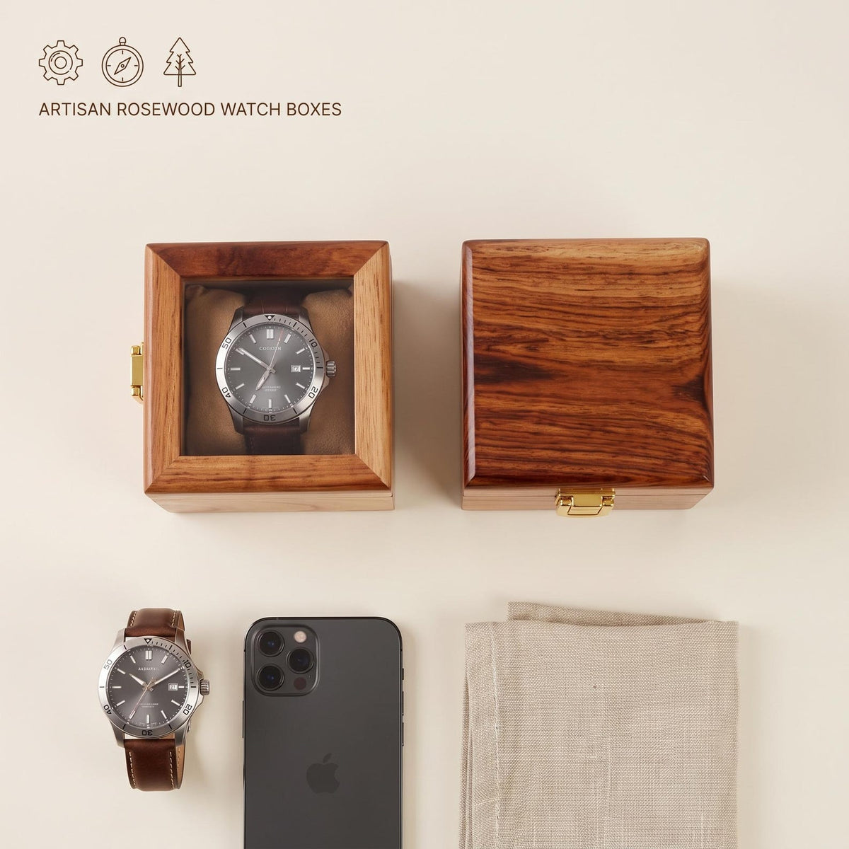 Personalized Handmade Wooden Watch Box with Single-Slot, Watch Display Case, Watch Storage Organizer - Teakwood with Glass Lid & Wood Lid