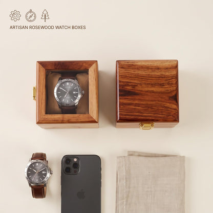 Personalized Handmade Wooden Watch Box with Single-Slot, Watch Display Case, Watch Storage Organizer - Teakwood with Glass Lid & Wood Lid